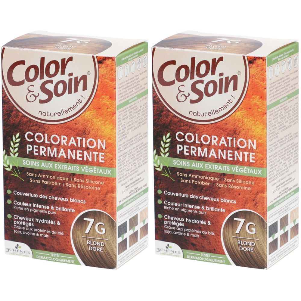 Zwei Kartons Color & Soin Coloration 7G Goldblond. Aufschrift: Color & Soin, Coloration Permanente, 7G Blond Doré.