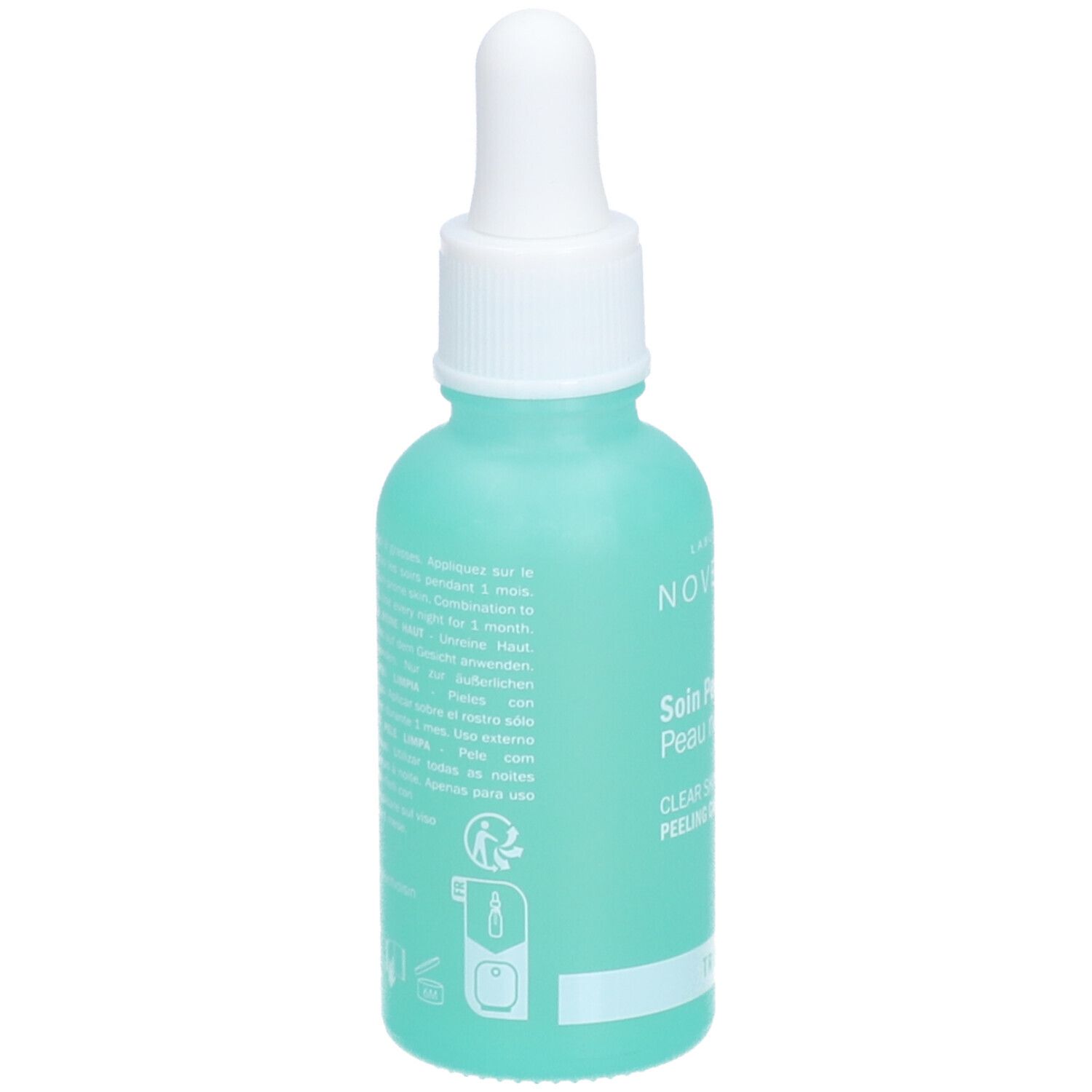 Flacon turquoise avec compte-gouttes blanc. Texte au dos. Inscription : Novexpert, Soin Peeling Peau nette, Clear Skin Peeling Care.