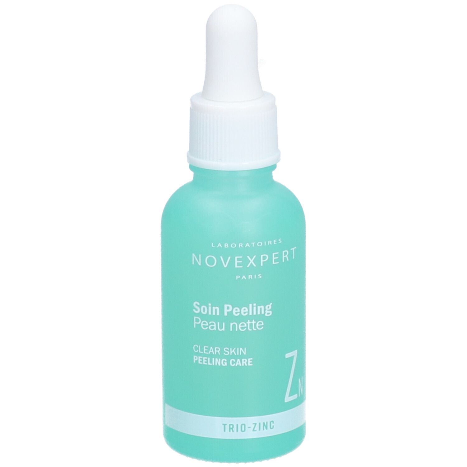 Flacon turquoise avec compte-gouttes blanc. Inscription : Novexpert, Soin Peeling Peau nette, Clear Skin Peeling Care, Trio-Zinc.