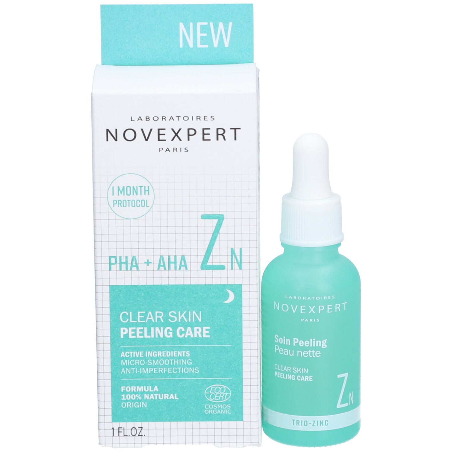 Produit et emballage. Flacon avec compte-gouttes et carton. Inscription : Novexpert, Clear Skin Peeling Care, 1 Mois Protocol.
