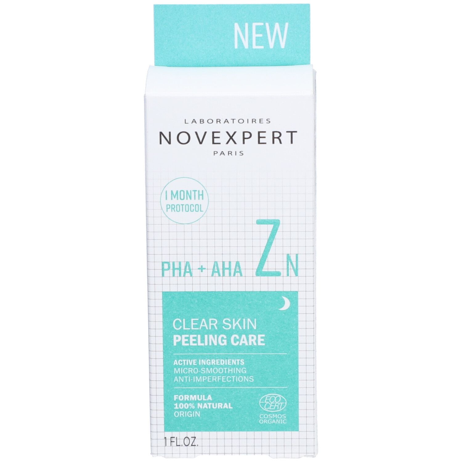 Emballage carton. Inscription : Novexpert, Clear Skin Peeling Care, 1 Mois Protocol, 1 FL.OZ.