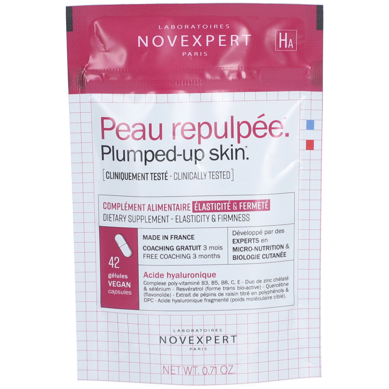 Sachet de 42 gélules végétales. Inscription: Peau repulpée, Plumped-up skin. Marque: Novexpert.