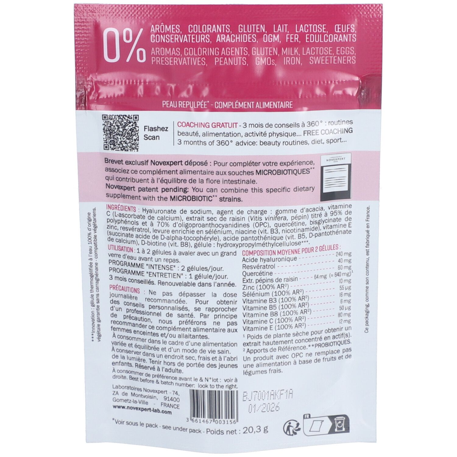 Dos du sachet avec informations. Texte: Peau repulpée, complément alimentaire. Code QR et ingrédients.
