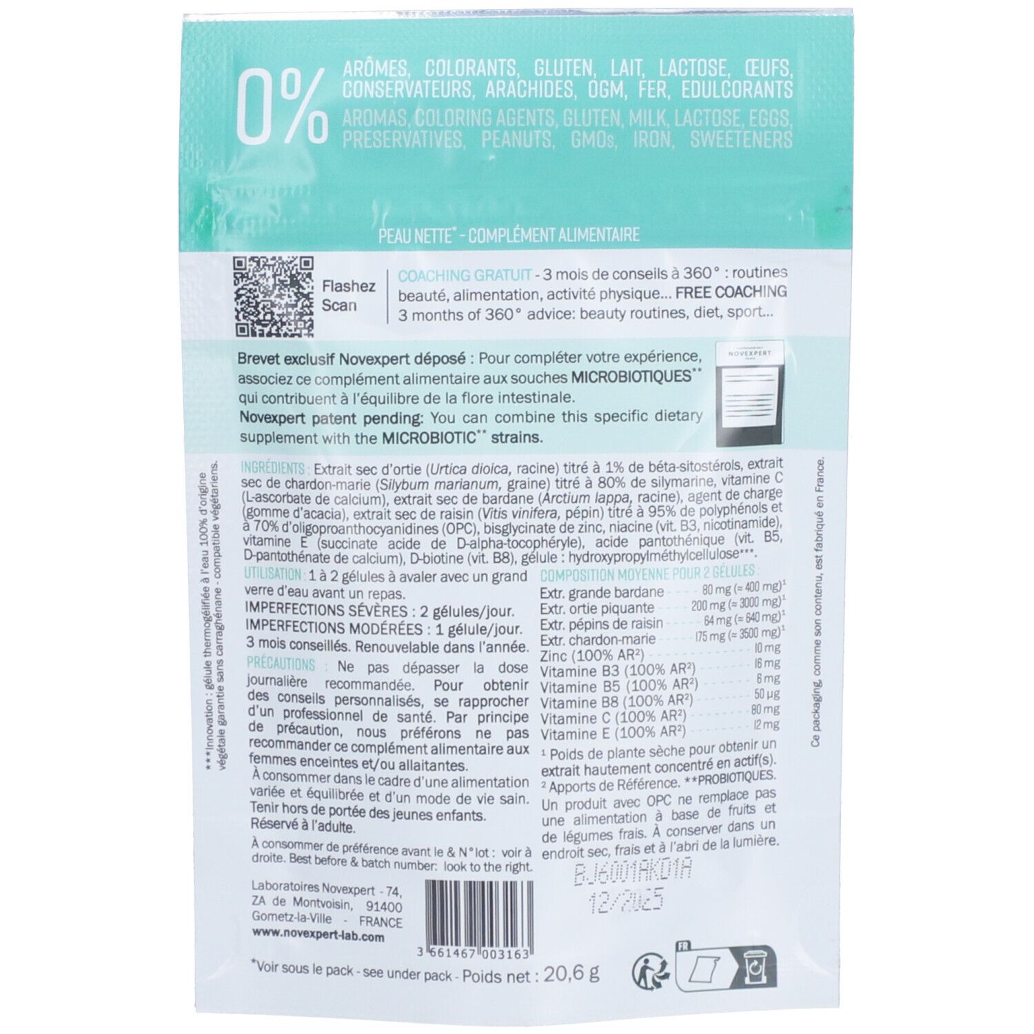 Dos du sachet de gélules "Peau nette". Texte : "0%" et ingrédients. Contient des informations sur les ingrédients et l'utilisation.