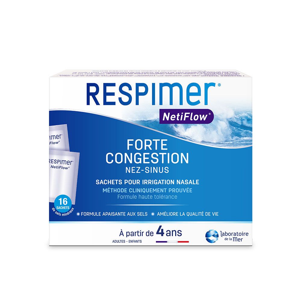 Boîte blanche RESPIMER NetiFlow. Inscription bleue. 16 sachets. Dès 4 ans. Logo Laboratoire de la Mer.
