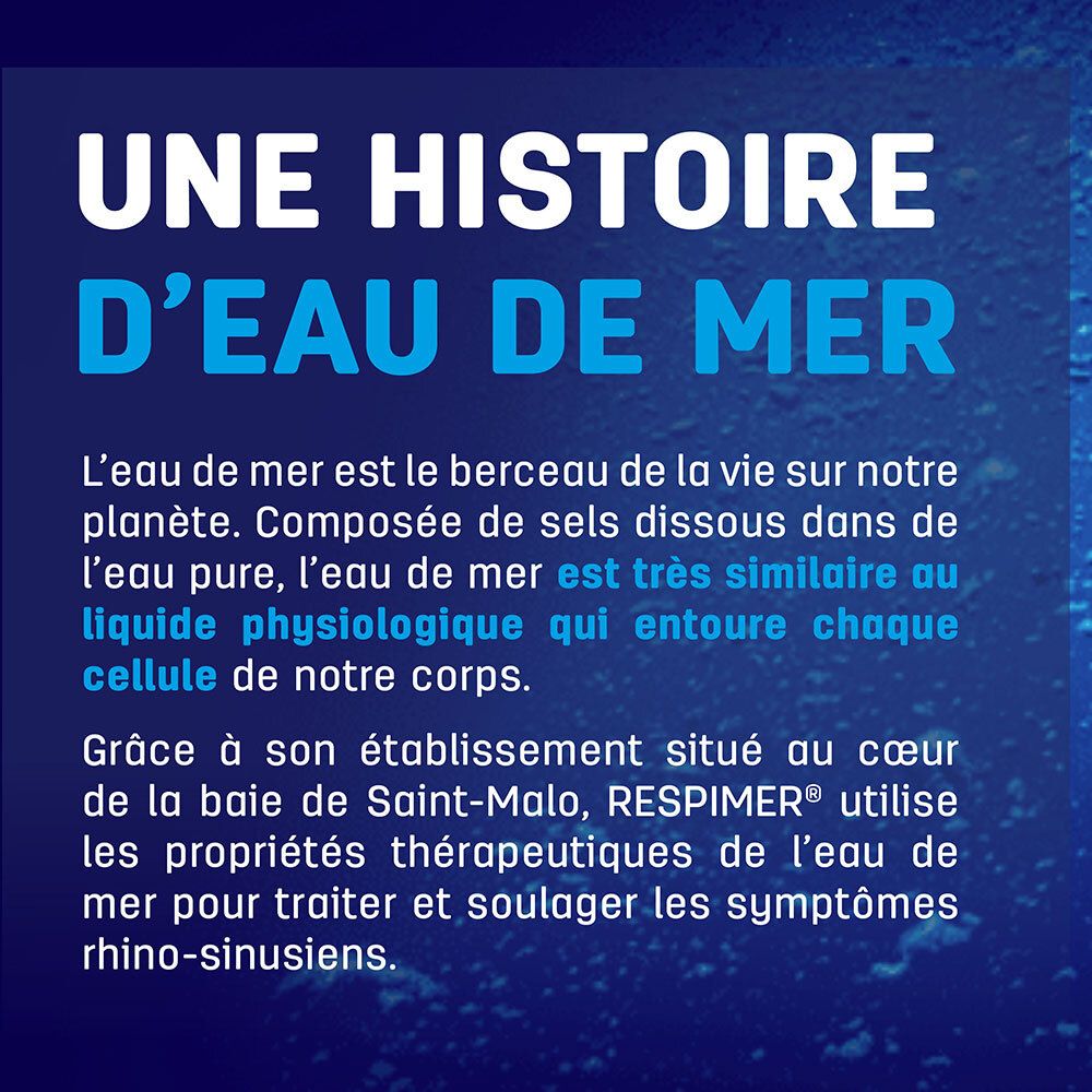 Texte: Une histoire d'eau de mer. L'eau de mer est similaire au liquide physiologique. RESPIMER utilise l'eau de mer.
