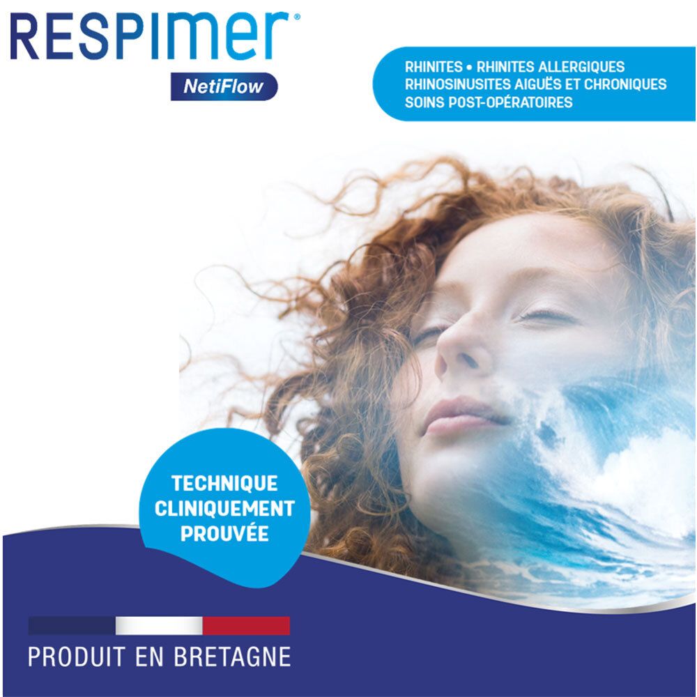 Femme aux yeux fermés. Texte: Technique cliniquement prouvée. Soulage le nez et les sinus. Produit en Bretagne.