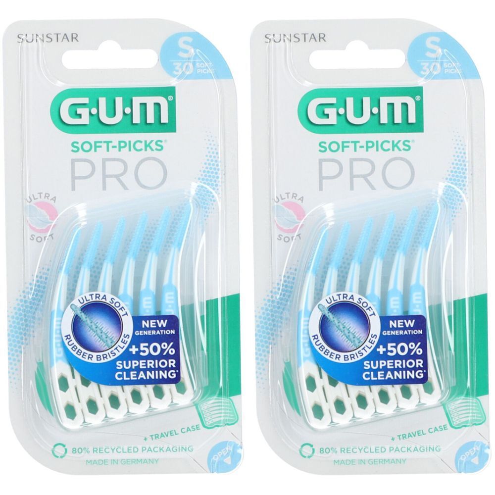 Deux paquets de GUM Soft-Picks Pro. Têtes de brosse bleues dans des blisters transparents. Emballage avec nom et logo du produit.