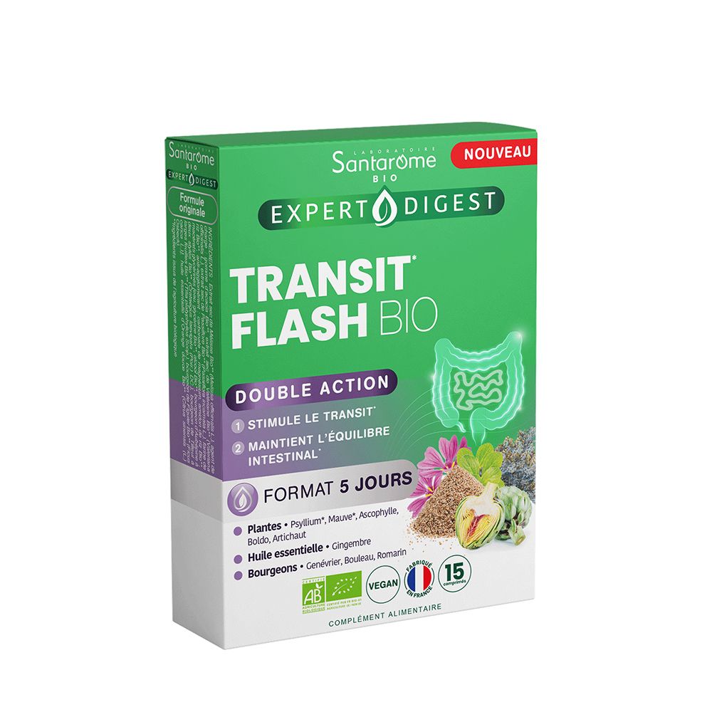 Boîte verte avec nom et logo du produit. Contient des informations sur les ingrédients et les certifications.