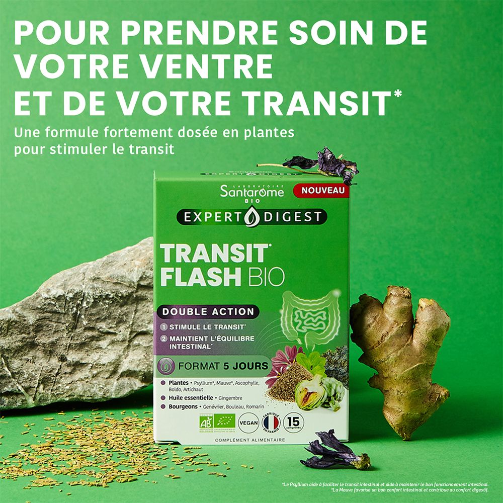 Emballage du produit avec ingrédients et texte. Fond avec plantes et gingembre.