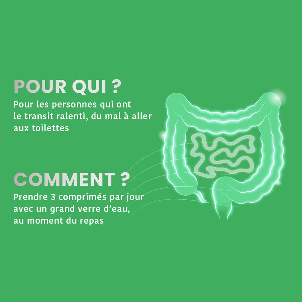 Infographie : illustration de l'intestin. Texte : Pour qui ? Comment ? Prendre 3 comprimés par jour.