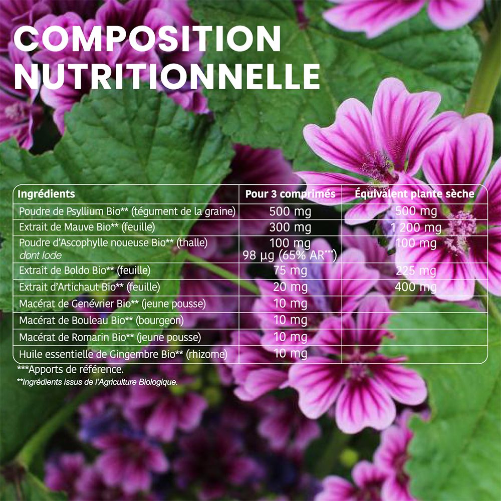 Tableau nutritionnel avec ingrédients. Liste des ingrédients et quantités pour 3 comprimés.