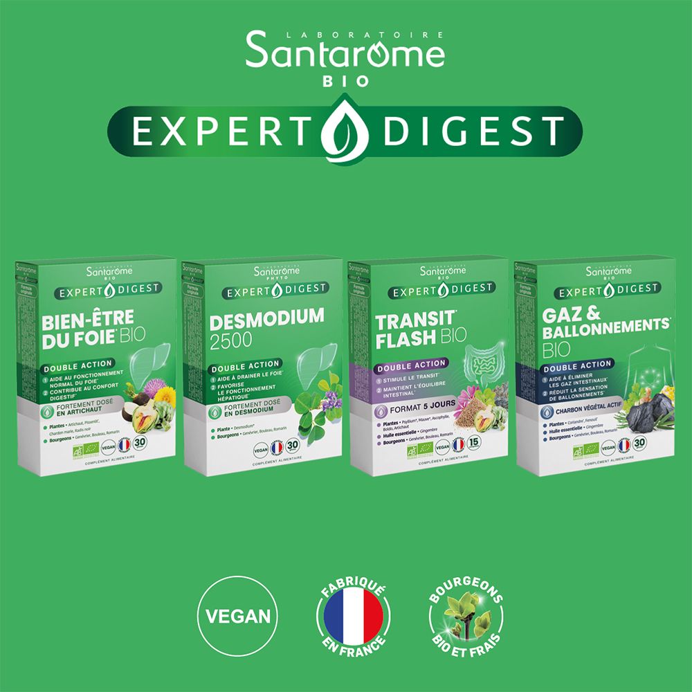 Plusieurs emballages de produits. Logo, noms de produits et certifications visibles.