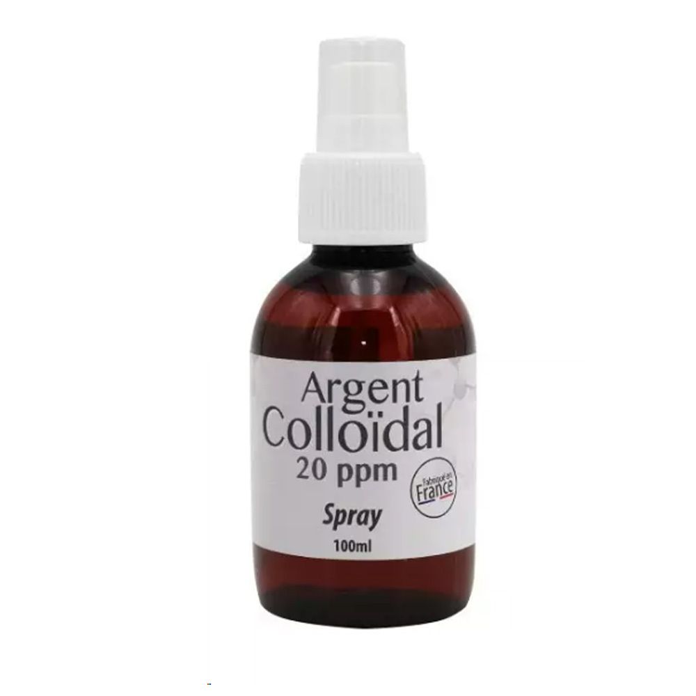 Bruine sprayfles met witte sproeikop. Etiket met "Argent Colloïdal 20 ppm Spray".