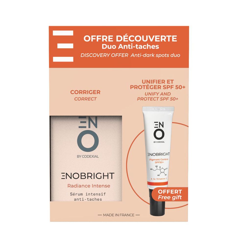 Coffret Duo Anti-taches. Contient un sérum et une crème SPF 50+. Sérum blanc, étui blanc avec logo bleu. Offre découverte.