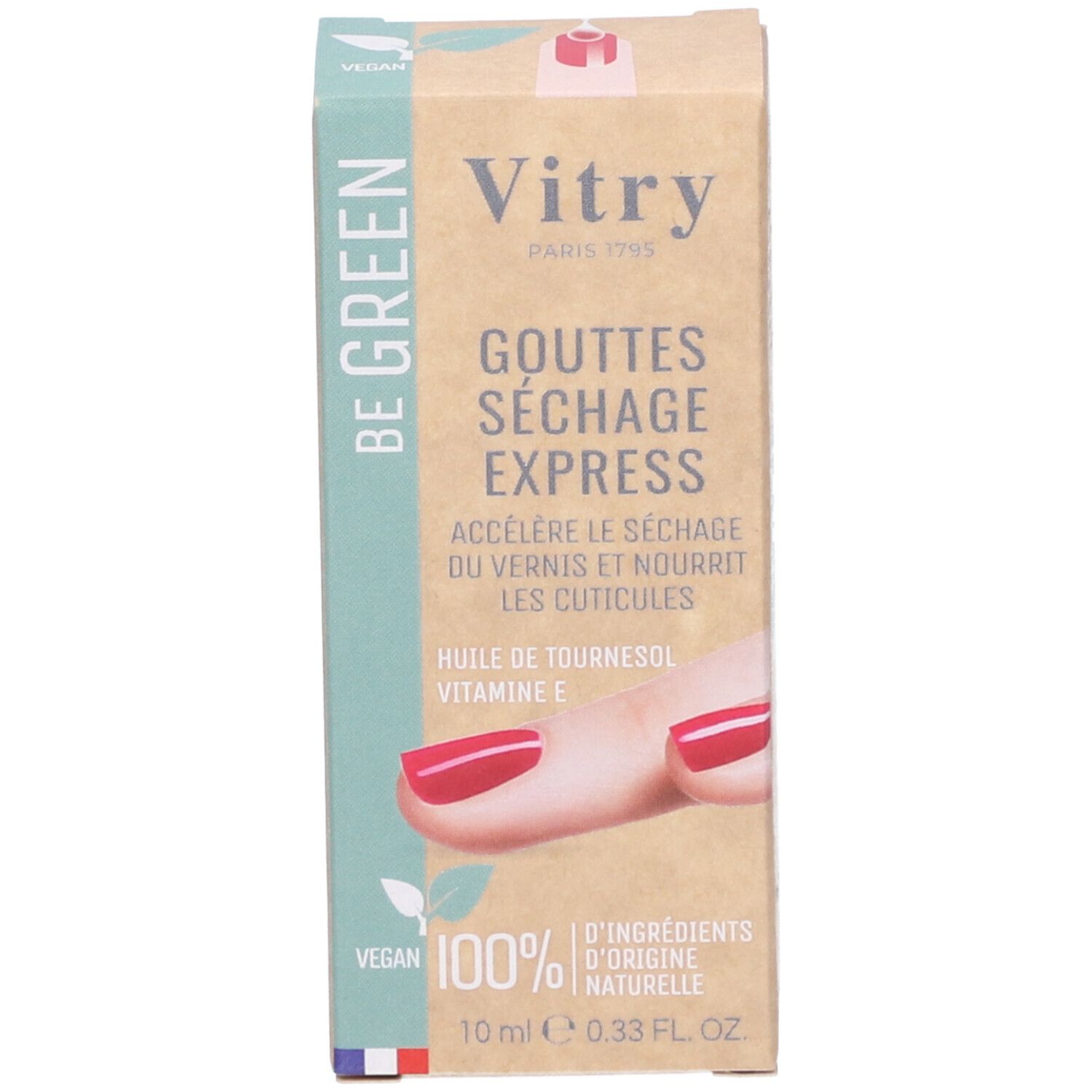 Emballage avec nom du produit, logo et ingrédients. Image d'une main avec des ongles vernis.