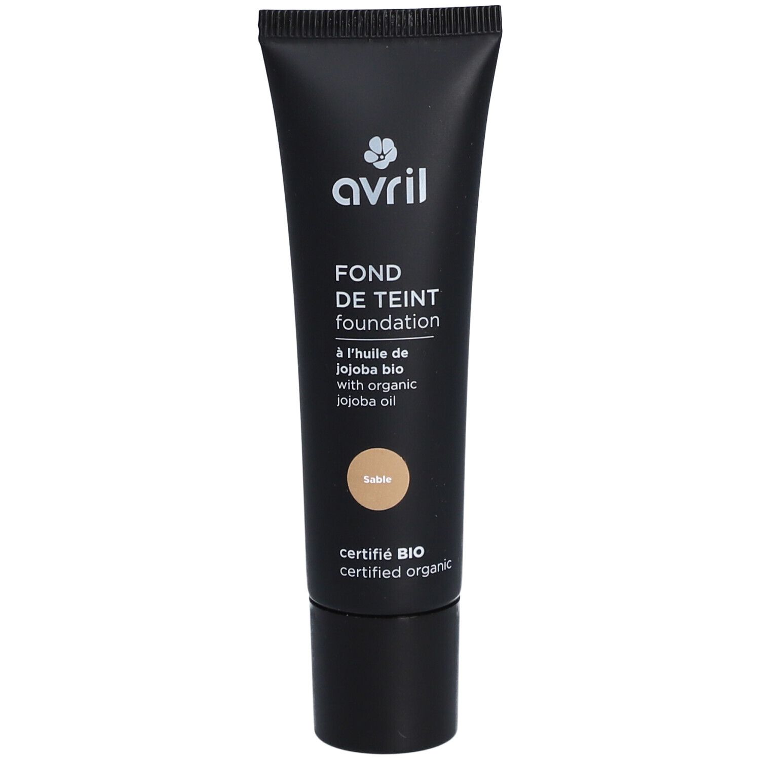 Tube noir avec informations produit. Logo et texte en haut. Cercle couleur "Sable". Certifié bio.