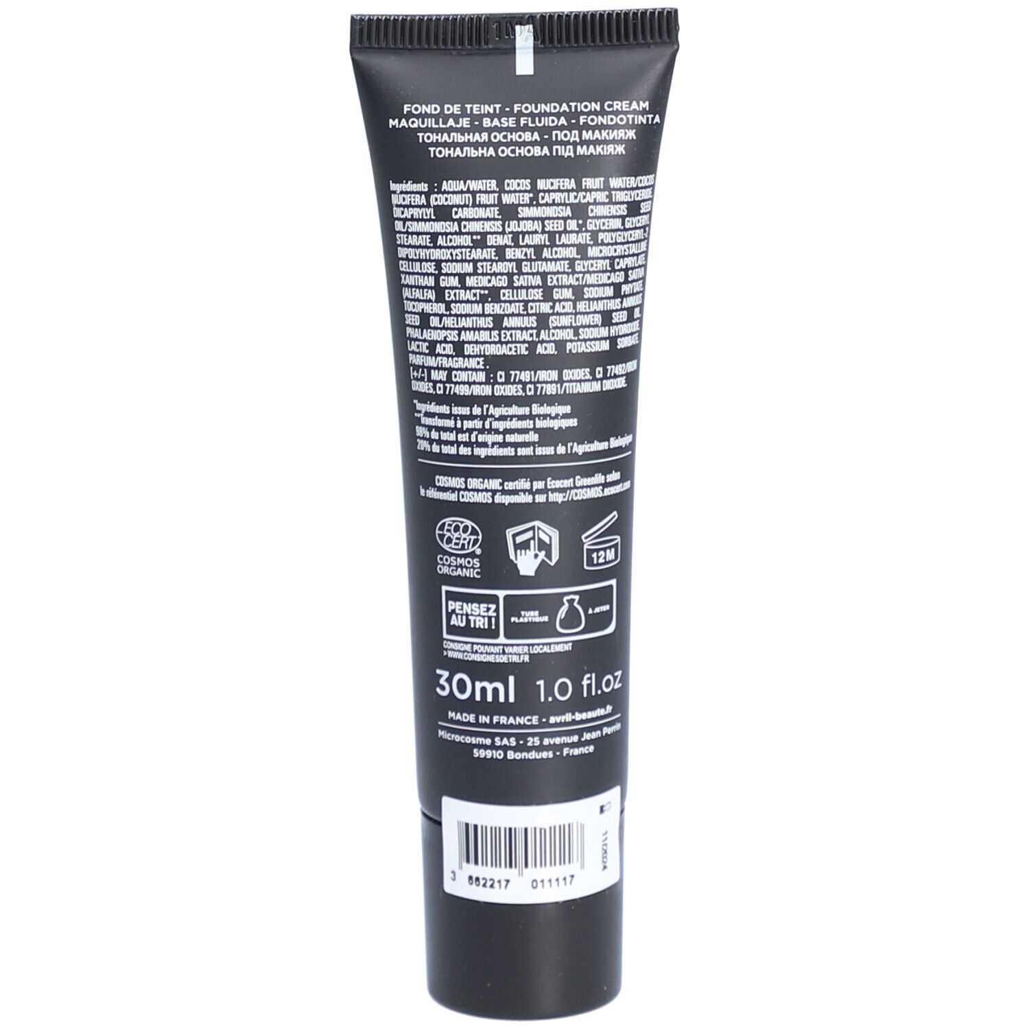 Dos du tube noir. Texte avec ingrédients et certifications. Volume: 30ml. Fabriqué en France.