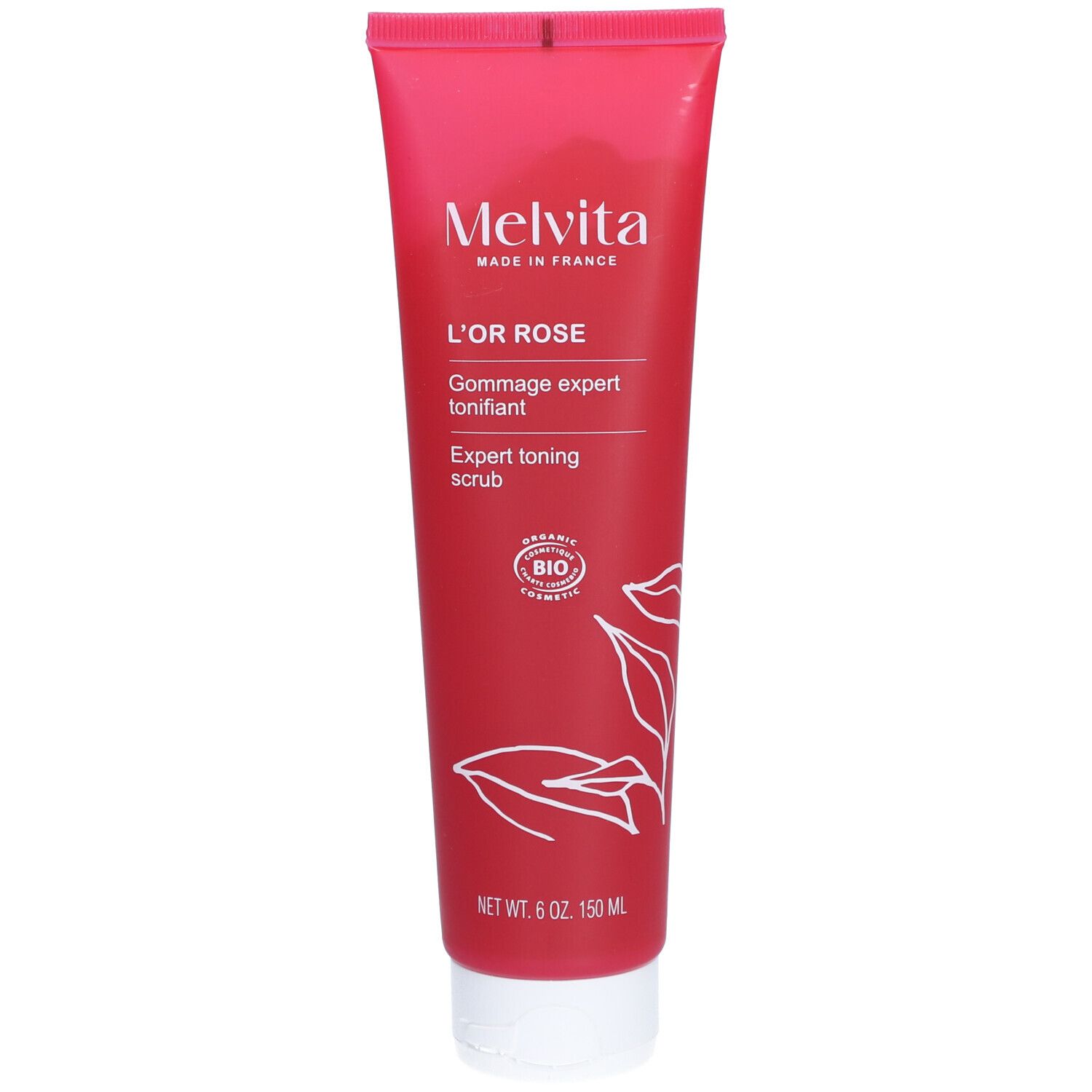 Tube rouge avec texte blanc. "Melvita" et "L'Or Rose" visibles. Certification bio. 150 ml.