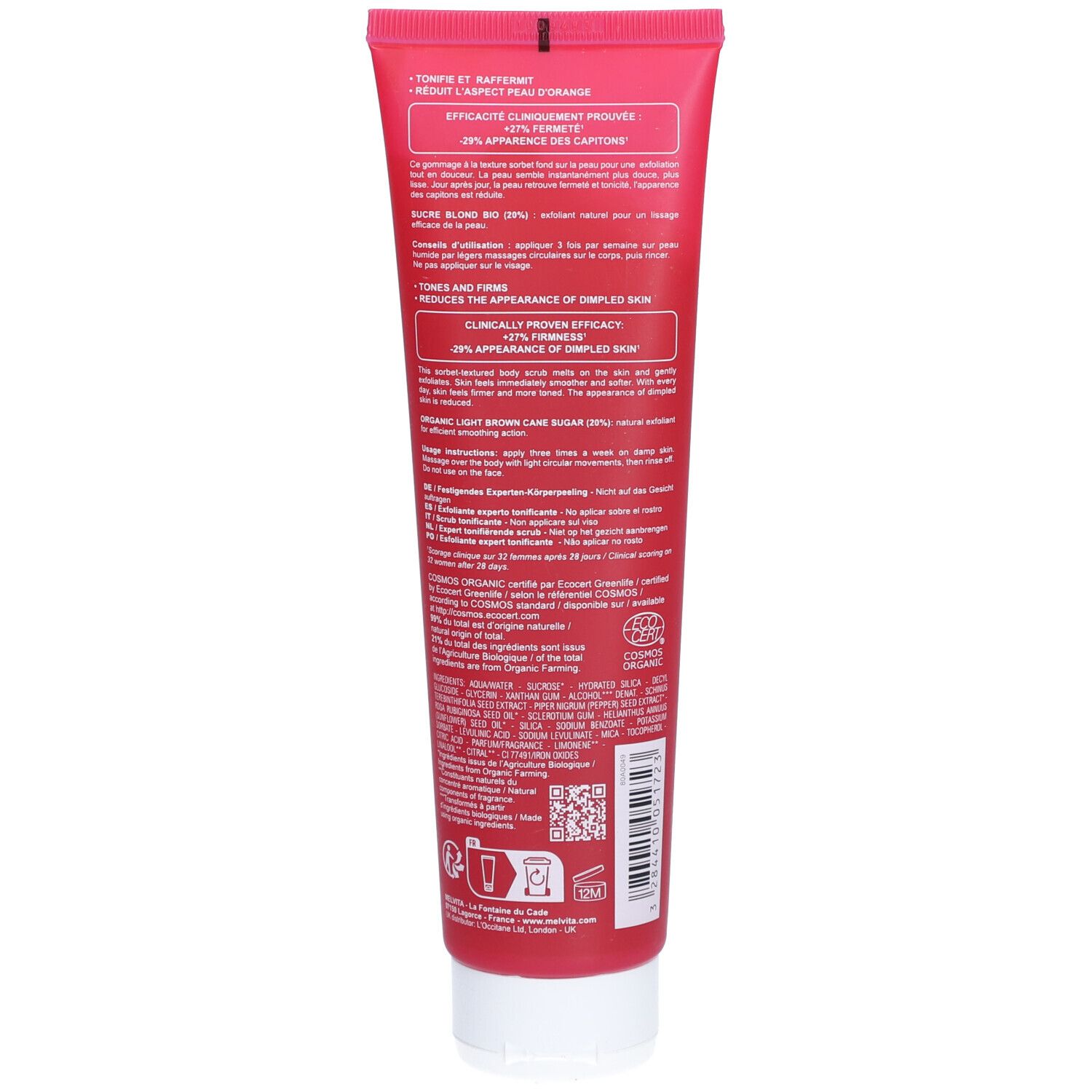 Dos du tube rouge. Texte multilingue. Certification bio. Code QR et symboles.
