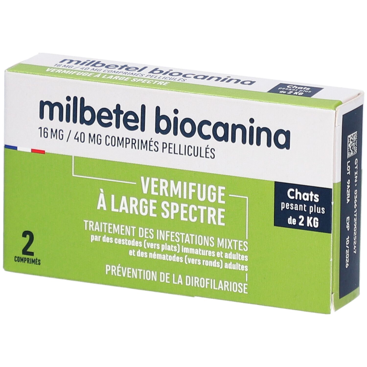 Boîte 'milbetel biocanina'. 16mg/40mg comprimés pelliculés. 2 comprimés. Vert et blanc. Pour chats de plus de 2 kg.