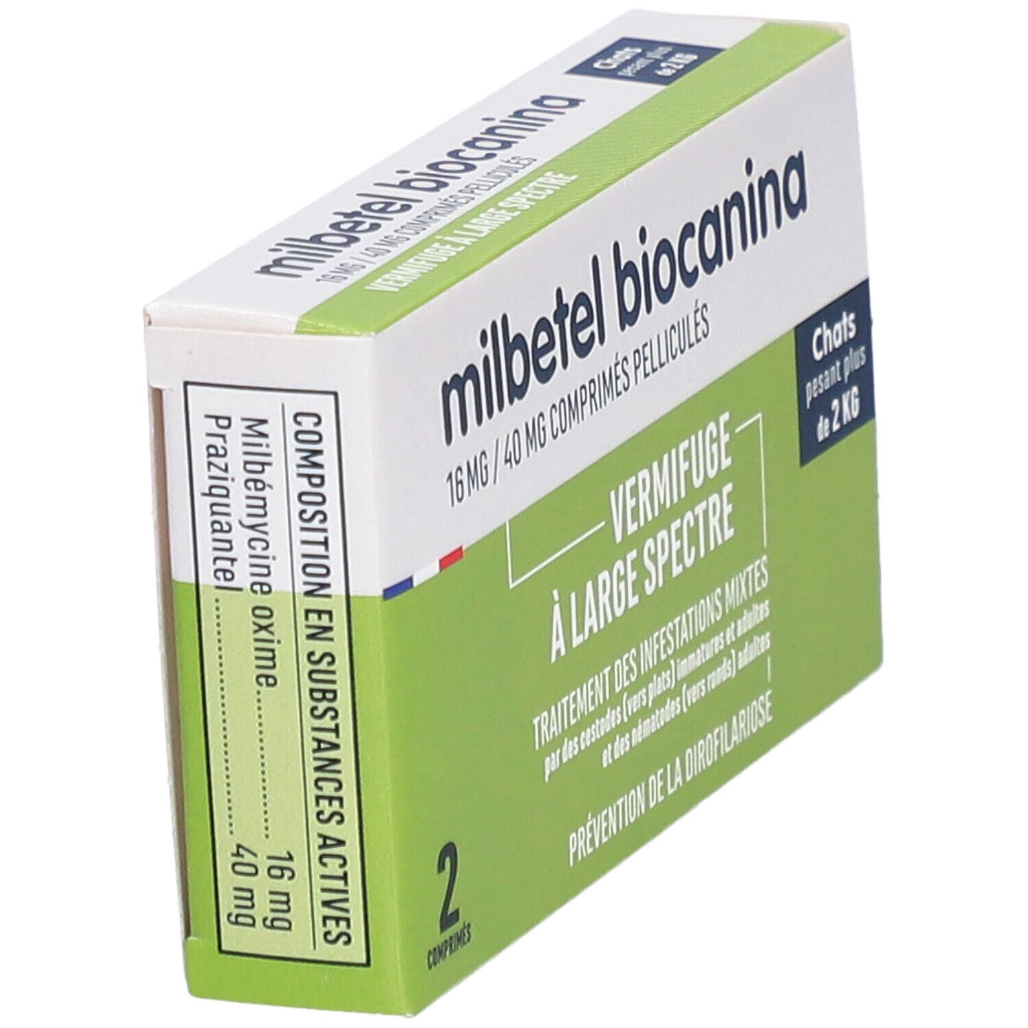 Boîte 'milbetel biocanina'. 16mg/40mg comprimés pelliculés. Dos avec ingrédients. Vert et blanc. Pour chats de plus de 2 kg.