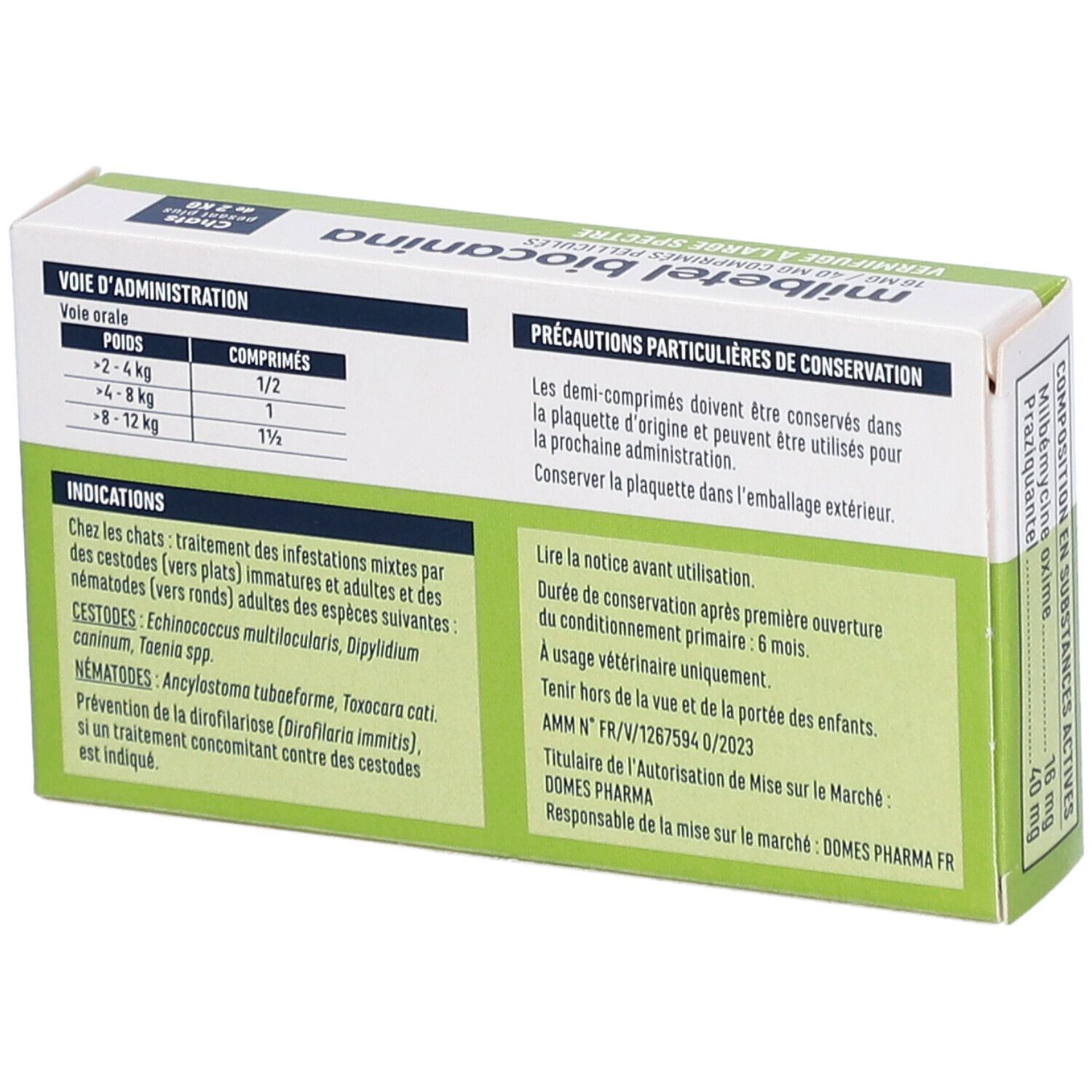Dos de la boîte 'milbetel biocanina'. Informations sur le dosage et la conservation. Vert et blanc. Pour chats.
