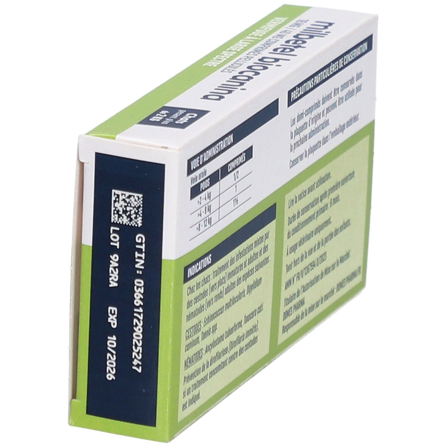 Boîte 'milbetel biocanina'. Dos avec dosage, durée de conservation et numéro de lot. Vert et blanc. Pour chats.