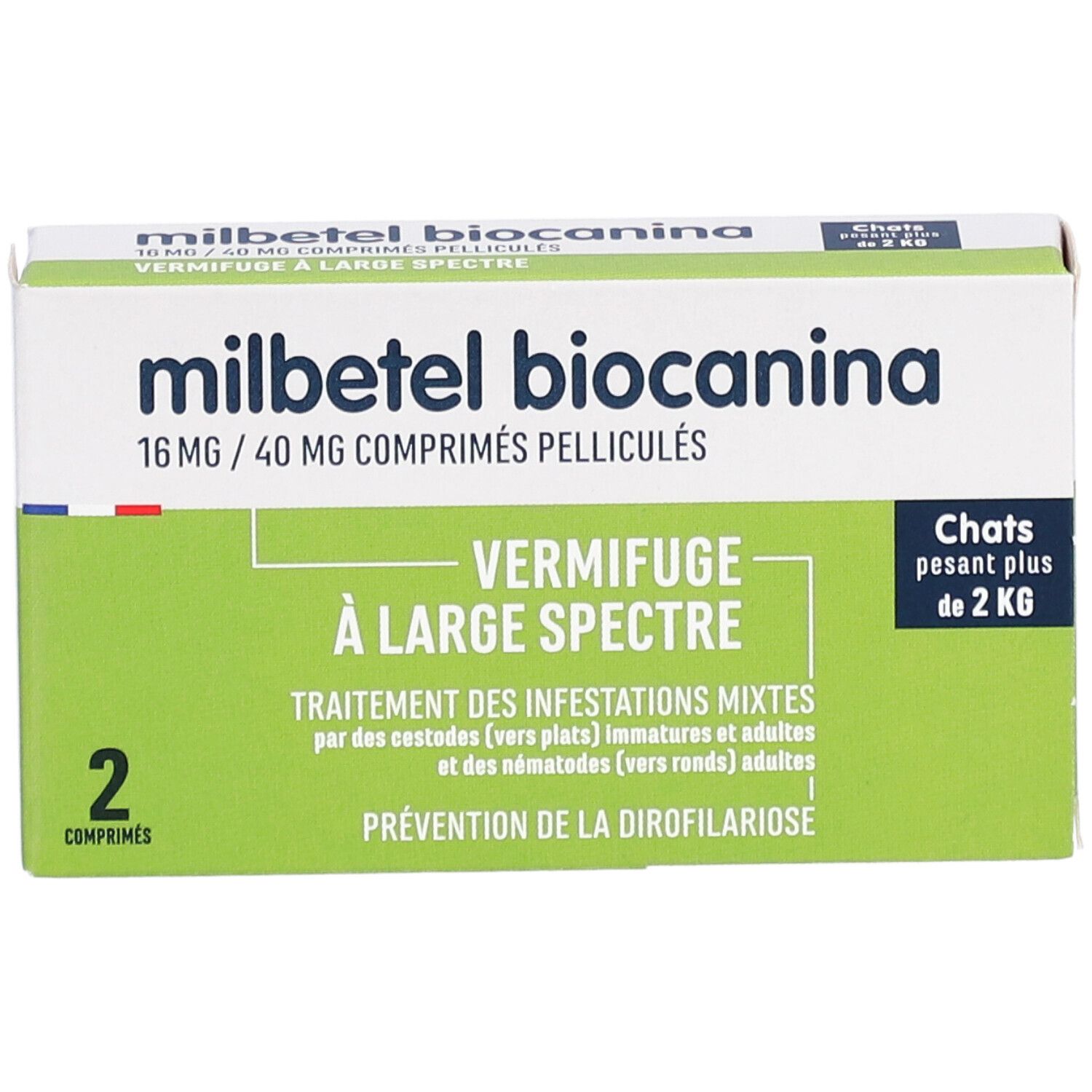 Boîte 'milbetel biocanina'. 16mg/40mg comprimés pelliculés. 2 comprimés. Vert et blanc. Pour chats de plus de 2 kg.