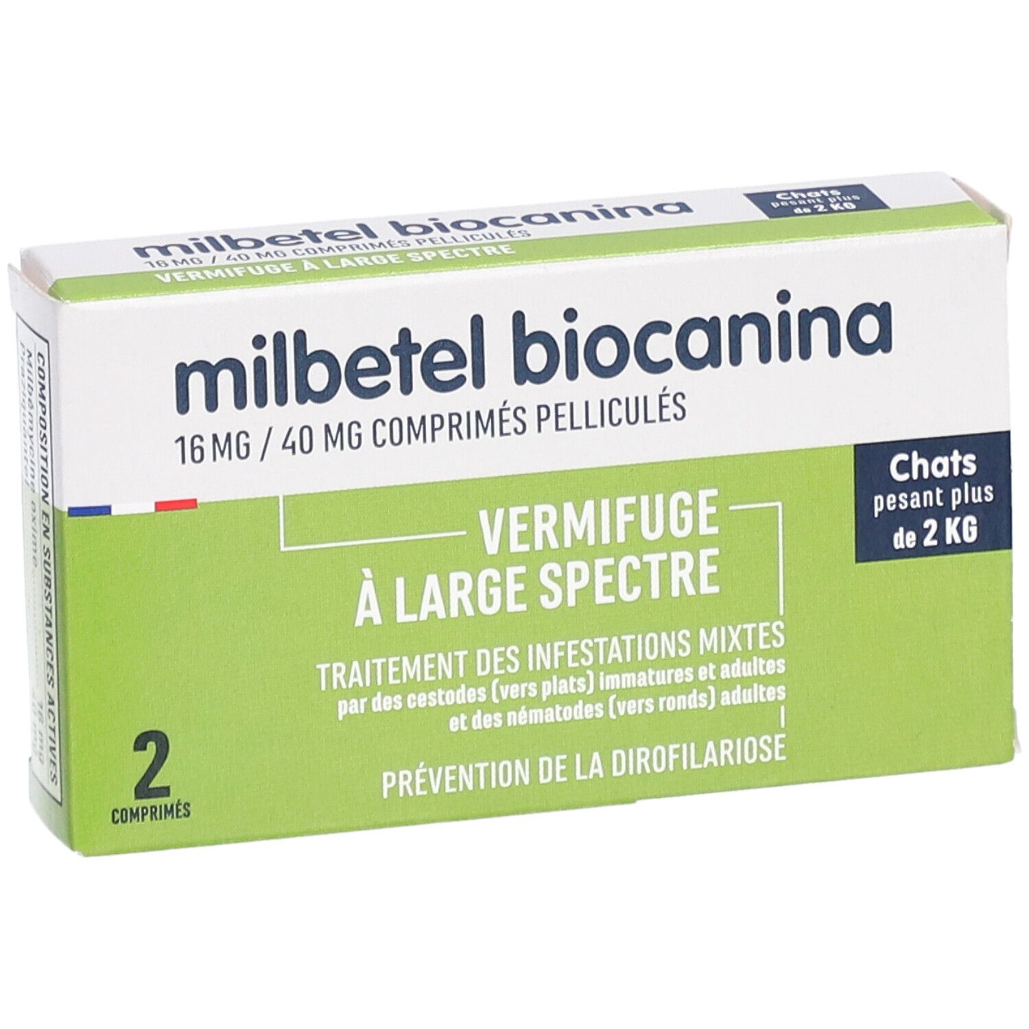Boîte 'milbetel biocanina'. 16mg/40mg comprimés pelliculés. 2 comprimés. Vert et blanc. Pour chats de plus de 2 kg.