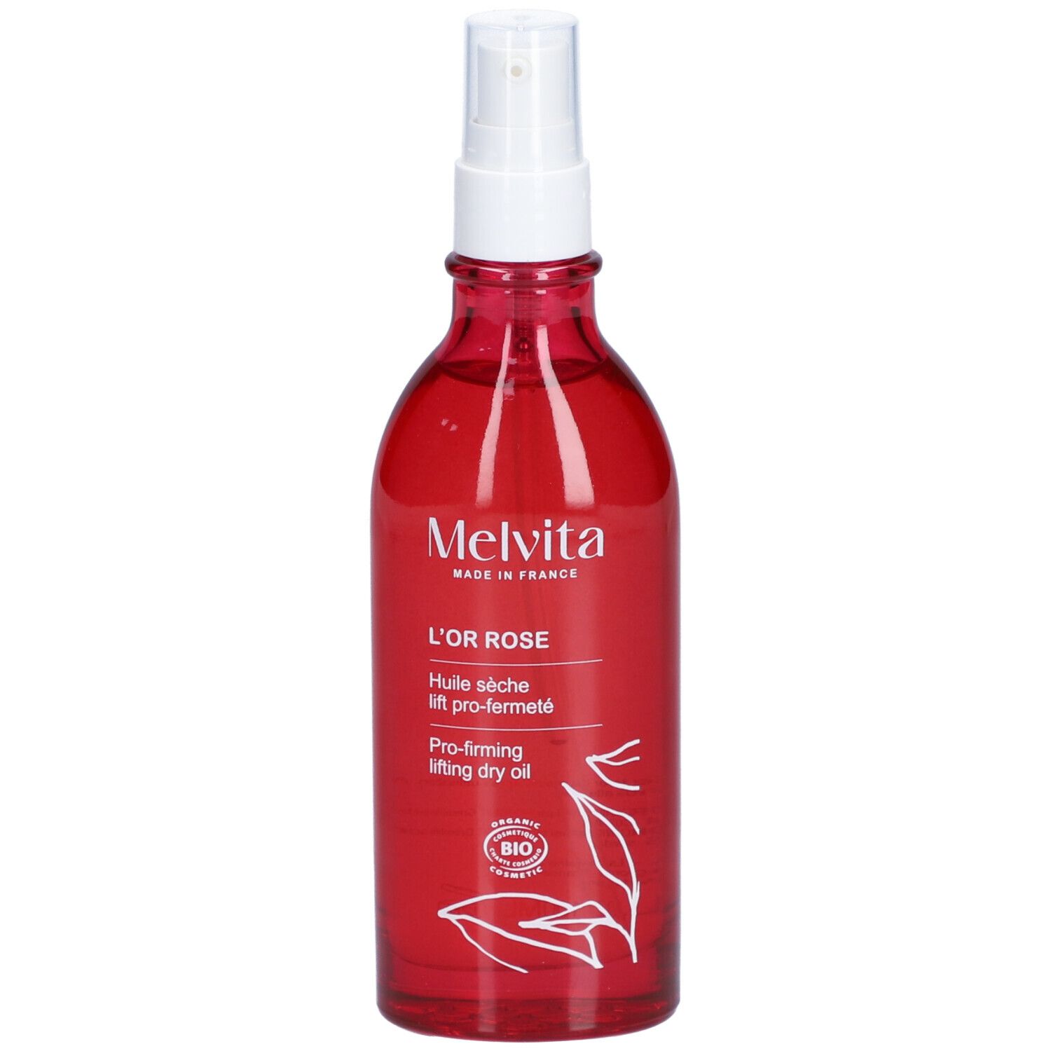 Rode glazen fles met verstuiver. Opschrift: Melvita, L'OR ROSE, Huile sèche lift pro-fermeté. Bio-certificering.