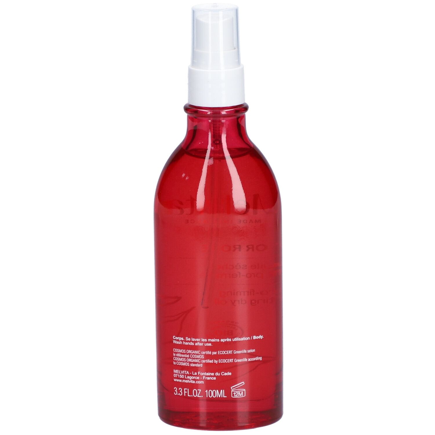 Achterkant van de rode glazen fles met verstuiver. Tekst en productinformatie, evenals 3.3 fl.oz 100ml.
