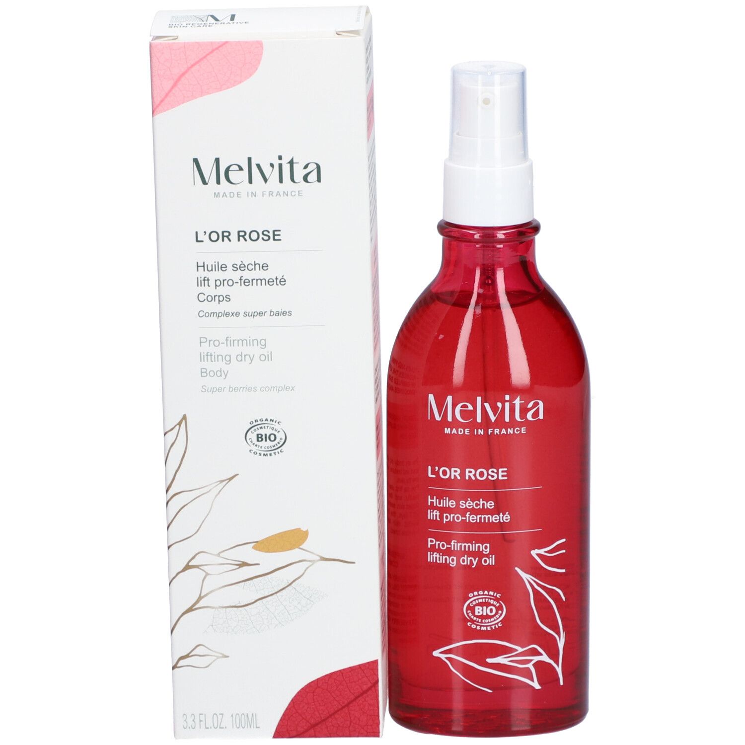 Rode fles met verstuiver en verpakking. Opschrift: Melvita, L'OR ROSE, Huile sèche lift pro-fermeté. Bio-certificering.