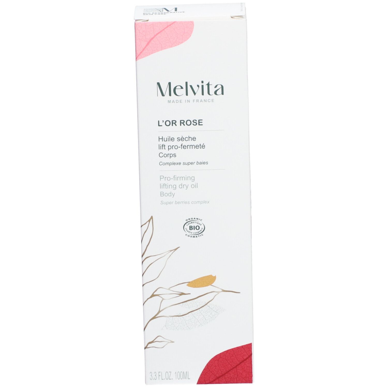 Witte verpakking met roze accenten. Opschrift: Melvita, L'OR ROSE, Huile sèche lift pro-fermeté. Bio-certificering.