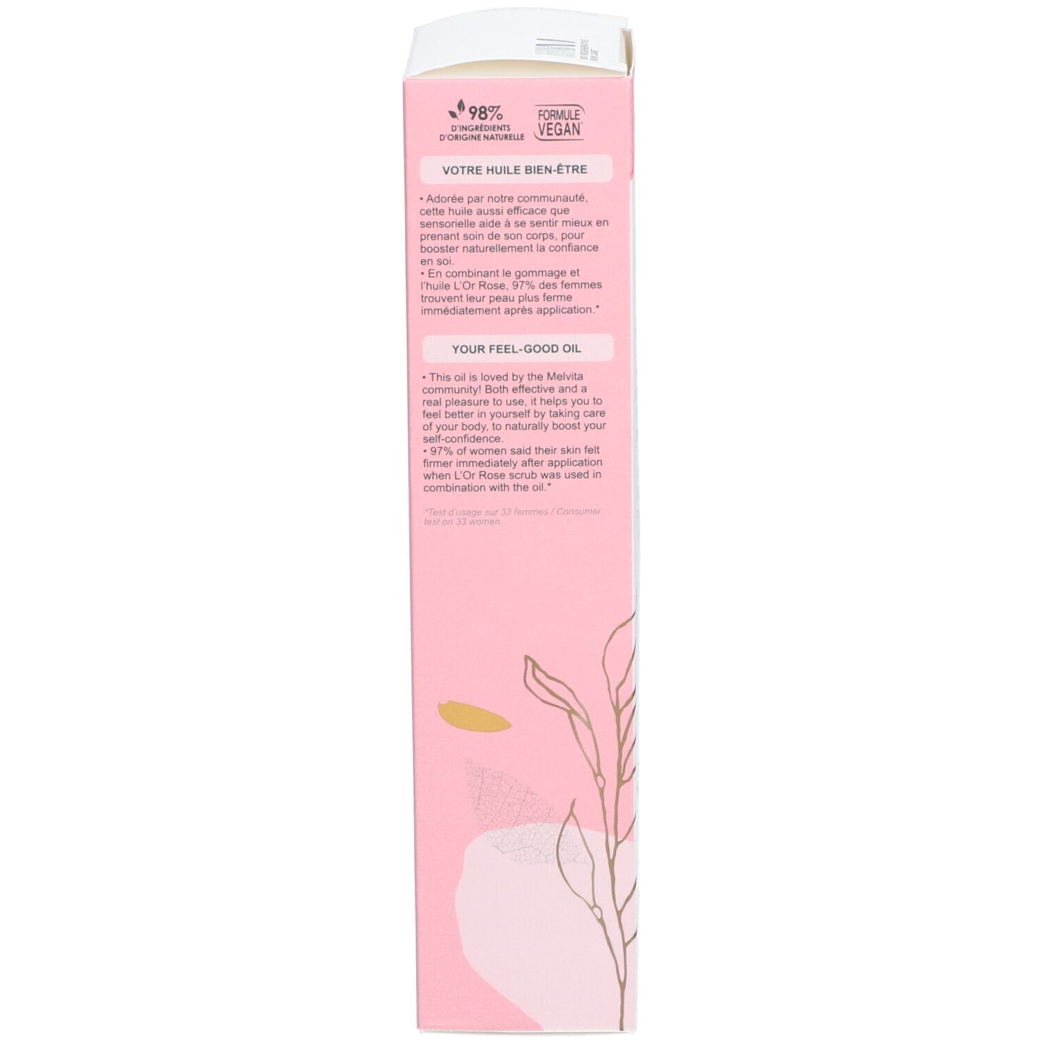 Verpakking, tekst: Votre huile bien-être. Vegan formule. 98% ingrediënten van natuurlijke oorsprong. Engelse tekst.