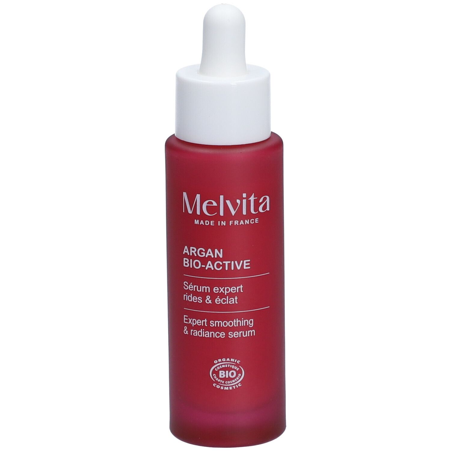 Flacon rouge avec bouchon blanc et pipette. Inscription : Melvita, Argan Bio-Active Sérum.