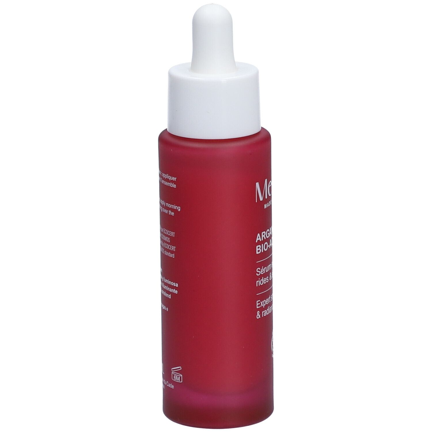 Flacon rouge avec bouchon blanc et pipette. Inscription : Melvita, Argan Bio-Active Sérum. Texte au dos.