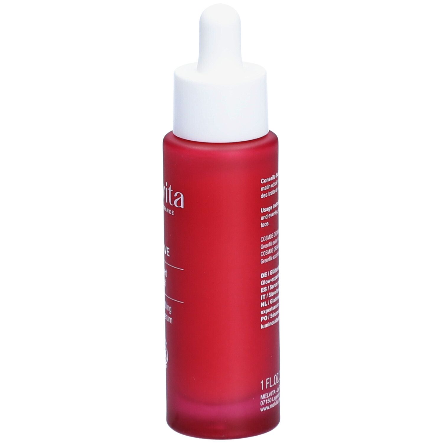 Flacon rouge avec bouchon blanc et pipette. Inscription : Melvita, Argan Bio-Active Sérum. Texte au dos.