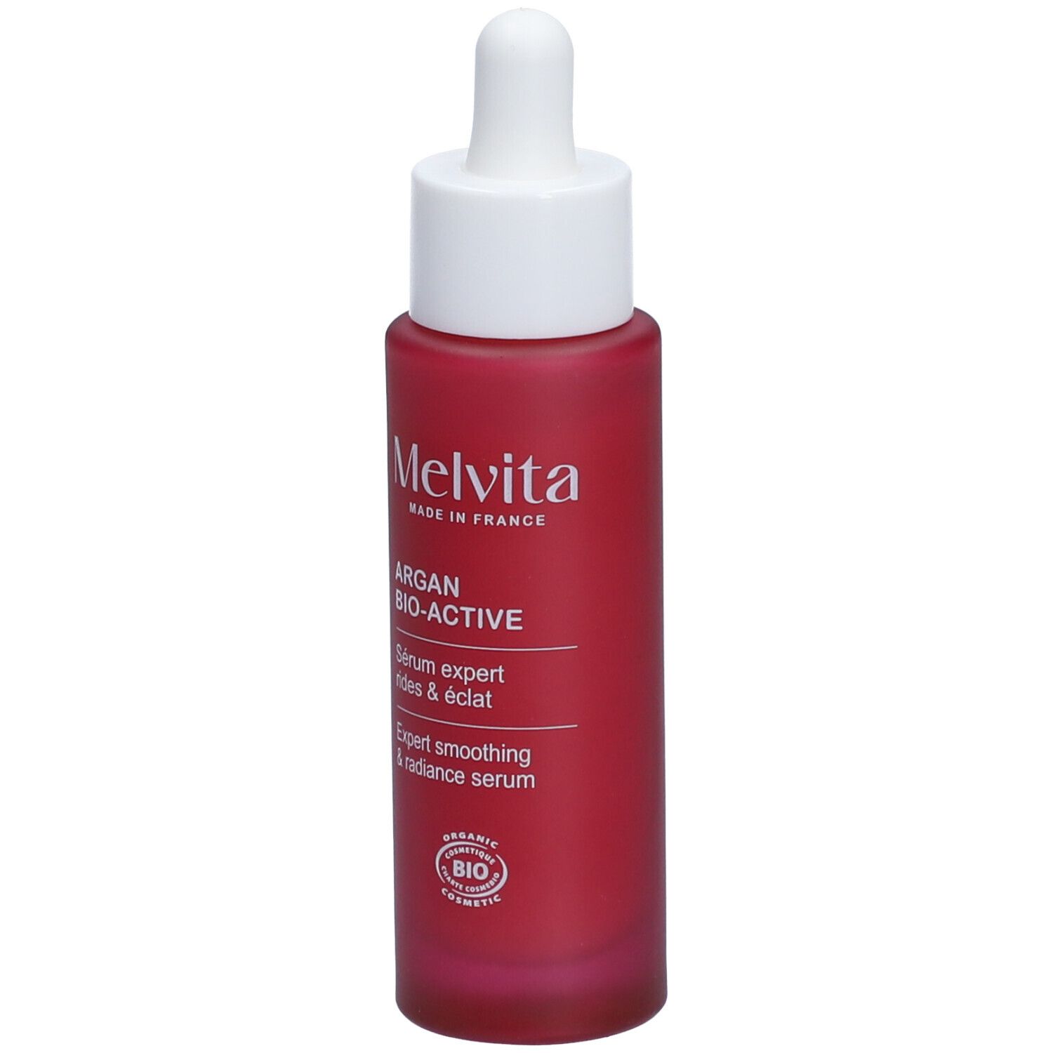 Flacon rouge avec bouchon blanc et pipette. Inscription : Melvita, Argan Bio-Active Sérum.
