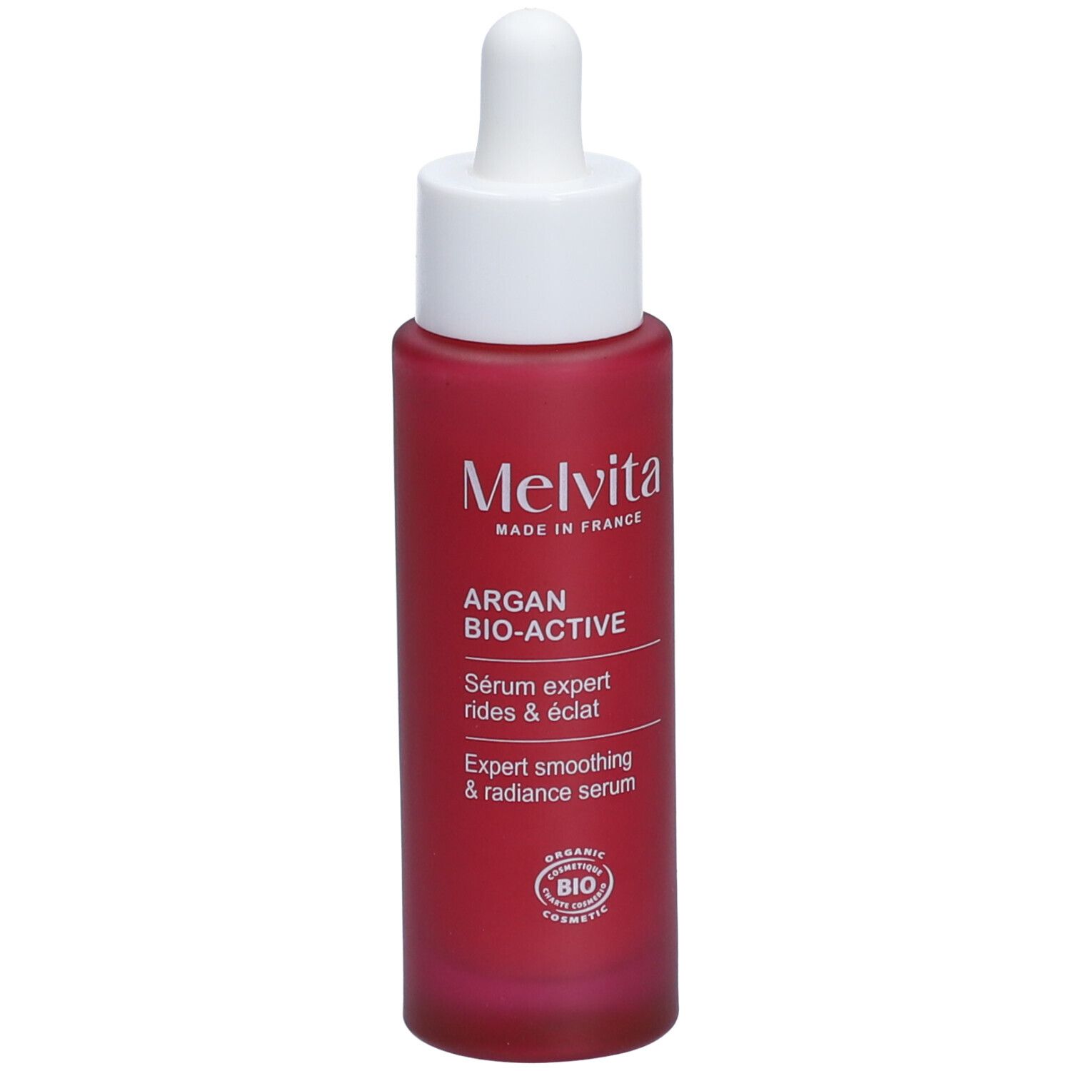 Flacon rouge avec bouchon blanc et pipette. Inscription : Melvita, Argan Bio-Active Sérum.