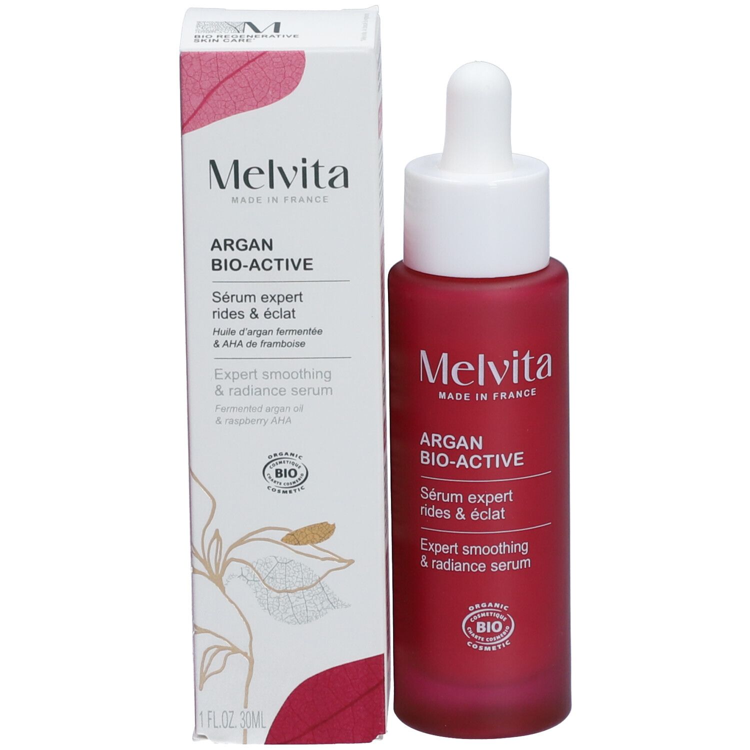 Flacon et emballage. Inscription : Melvita, Argan Bio-Active Sérum. Avec label bio.