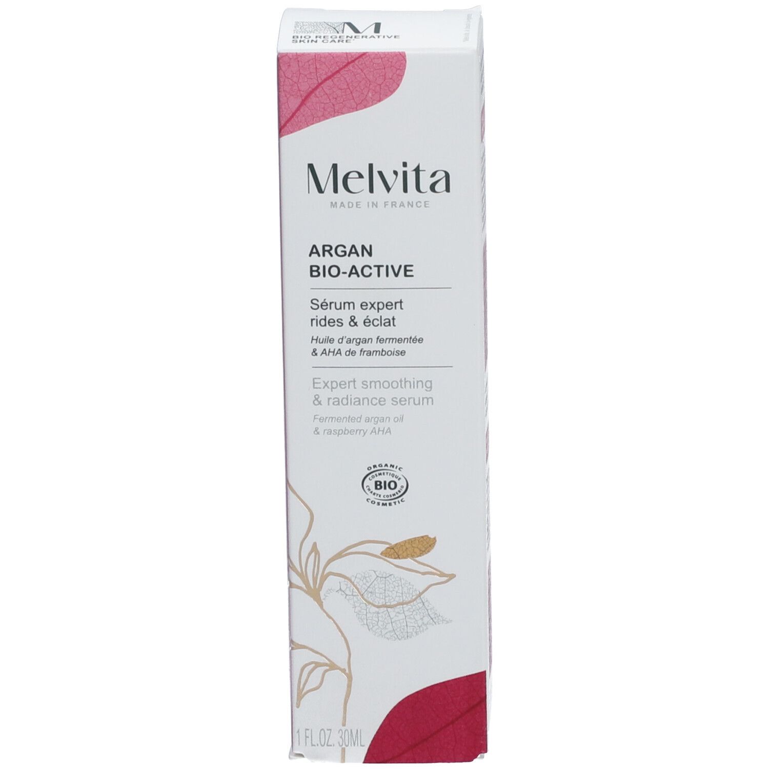 Emballage du produit. Inscription : Melvita, Argan Bio-Active Sérum. Avec label bio.