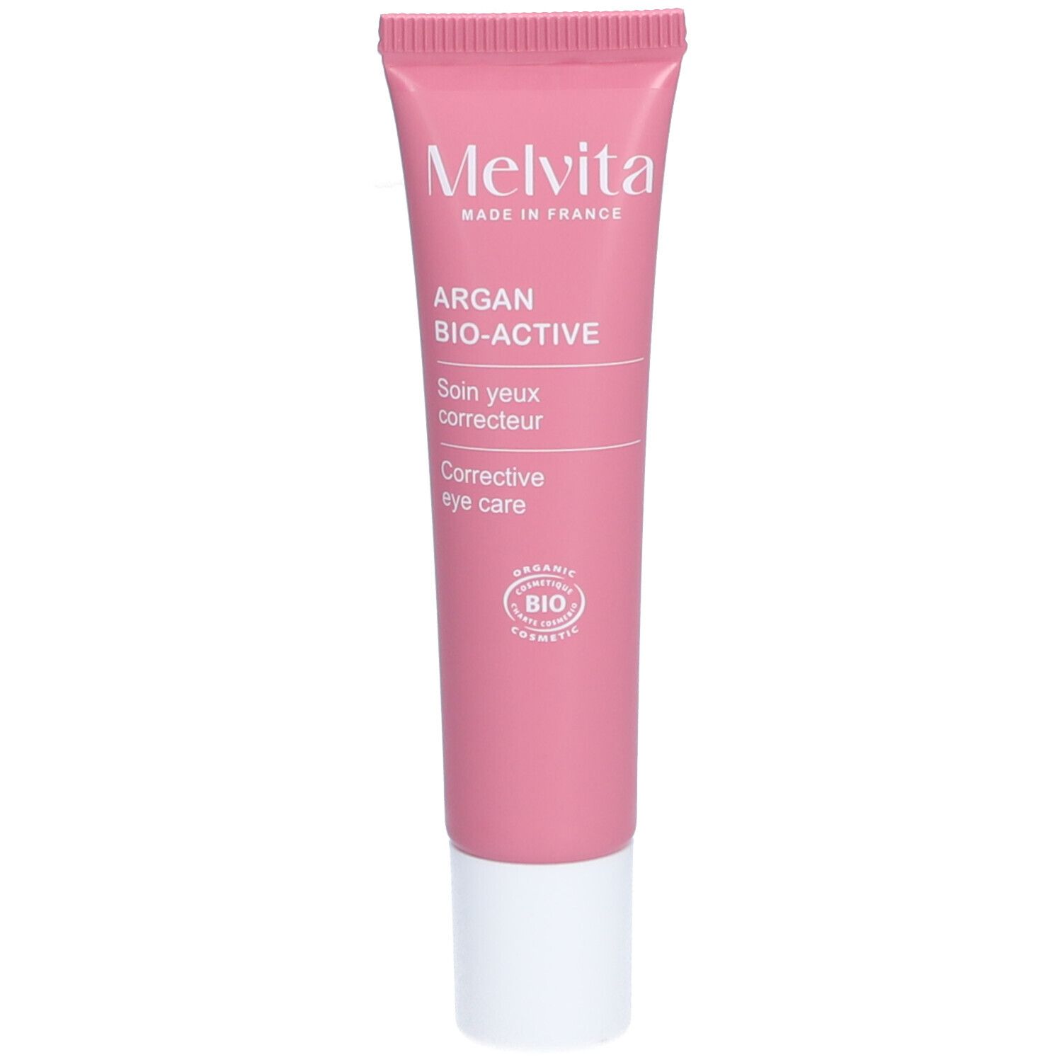 Tube rose Melvita Argan Bio-Active Soin yeux correcteur. Ingrédients bio. Certifié.