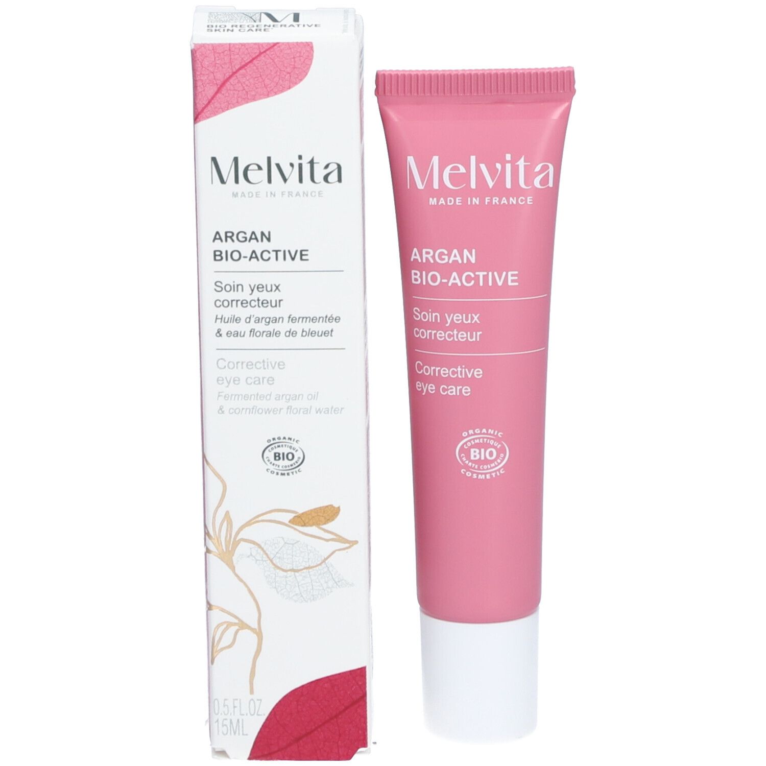 Produit et emballage. Tube rose et boîte : Melvita, Argan Bio-Active, Soin yeux correcteur. Bio.