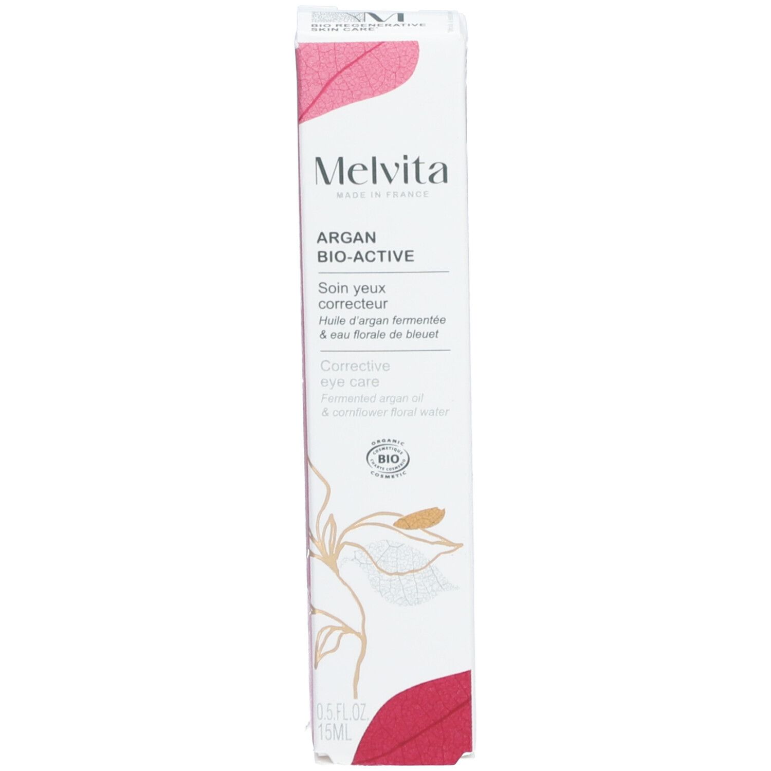 Emballage blanc étroit avec accents roses. Nom du produit : Melvita Argan Bio-Active Soin yeux correcteur.