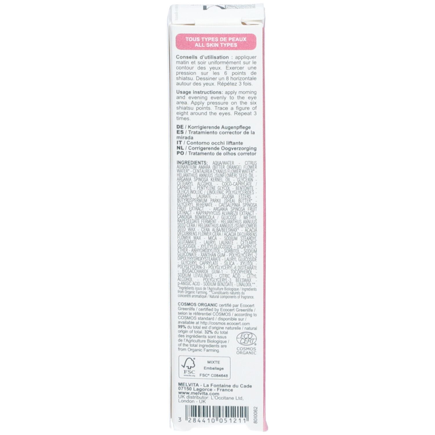 Emballage avec texte multilingue. Instructions, ingrédients, certifications.