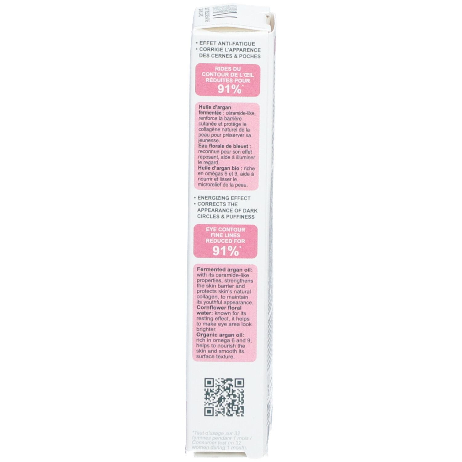 Emballage avec informations produit. Bénéfices, ingrédients, certifications.