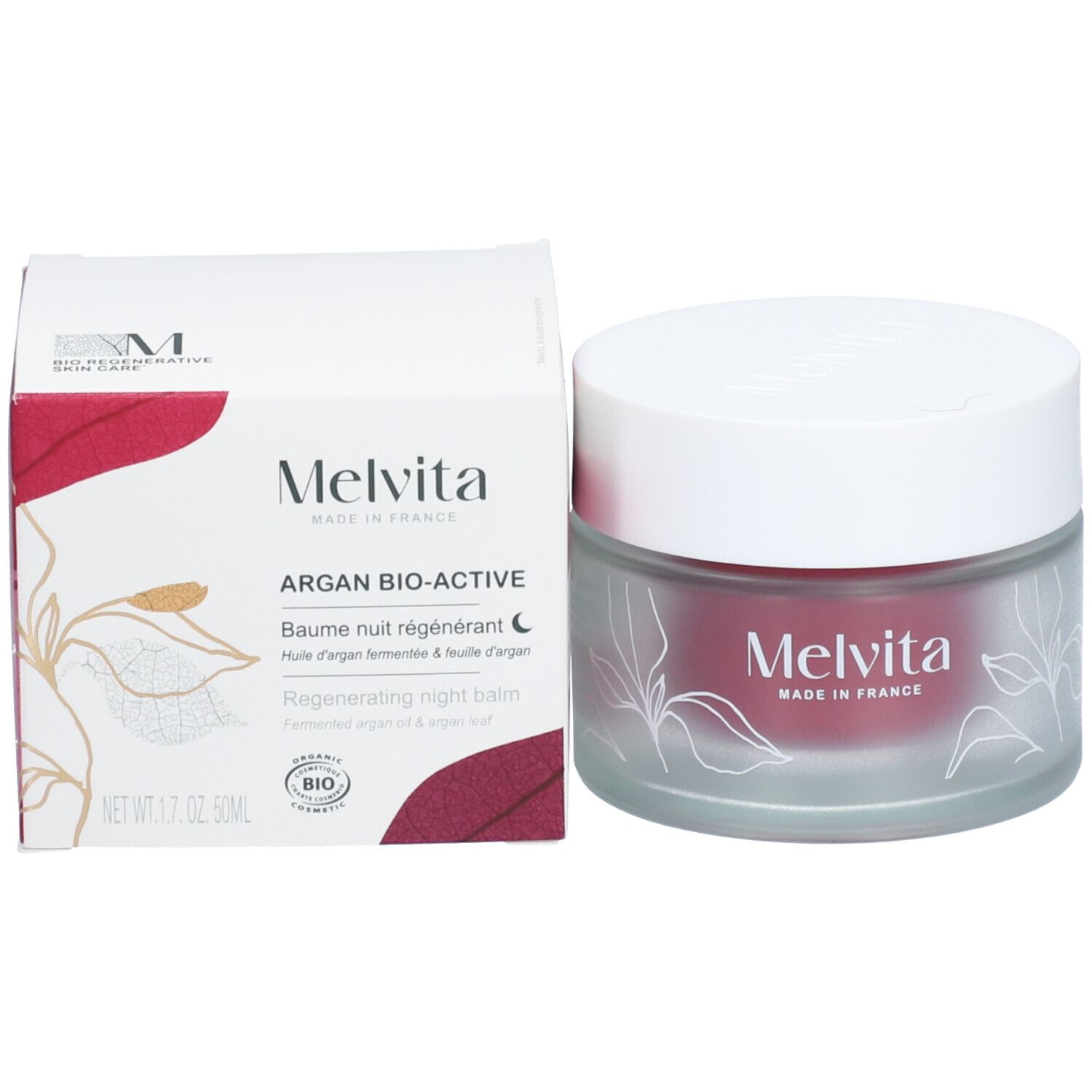 Pot et boîte. Inscription : Melvita, Argan Bio-Active, Baume nuit régénérant. Label bio.