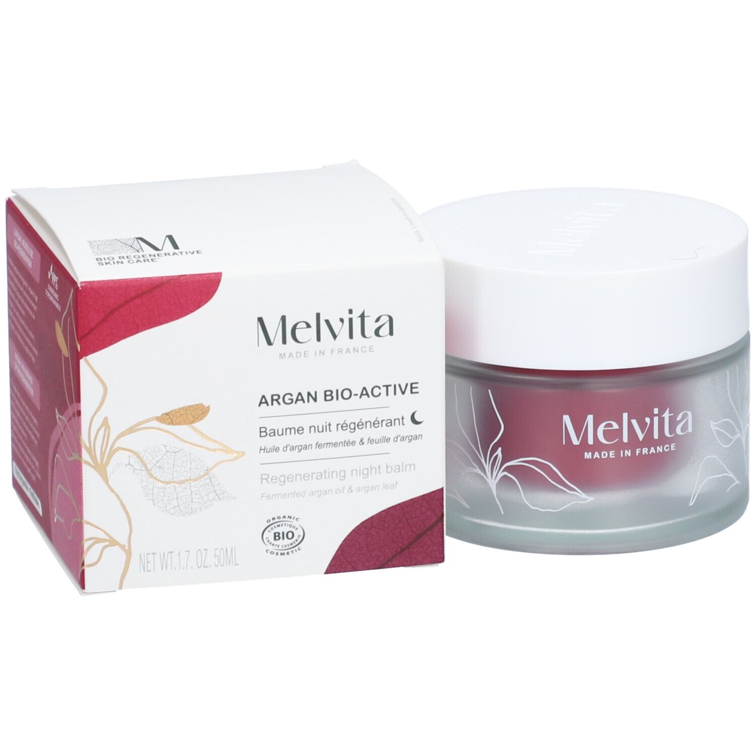 Pot et boîte. Inscription : Melvita, Argan Bio-Active, Baume nuit régénérant. Label bio.