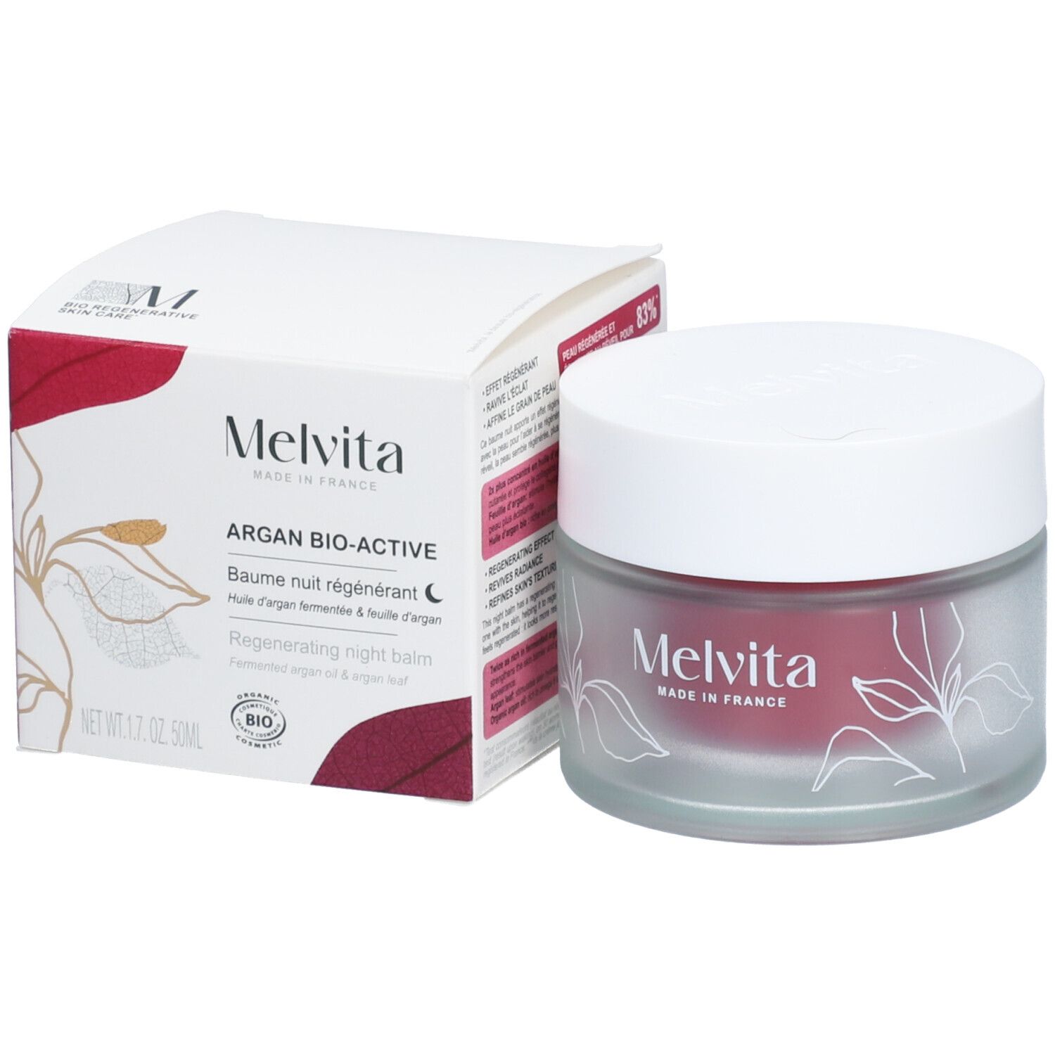 Pot et boîte. Inscription : Melvita, Argan Bio-Active, Baume nuit régénérant. Label bio.